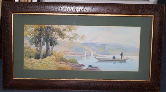 Japanese School Boatman on a lake with Mount Fuji beyond, 9 x 22.5in.